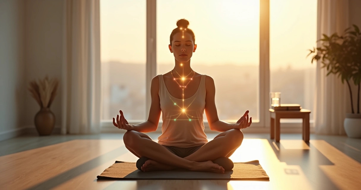 Pessoa meditando em ambiente minimalista com elementos sutis de luz e conexões ao redor 