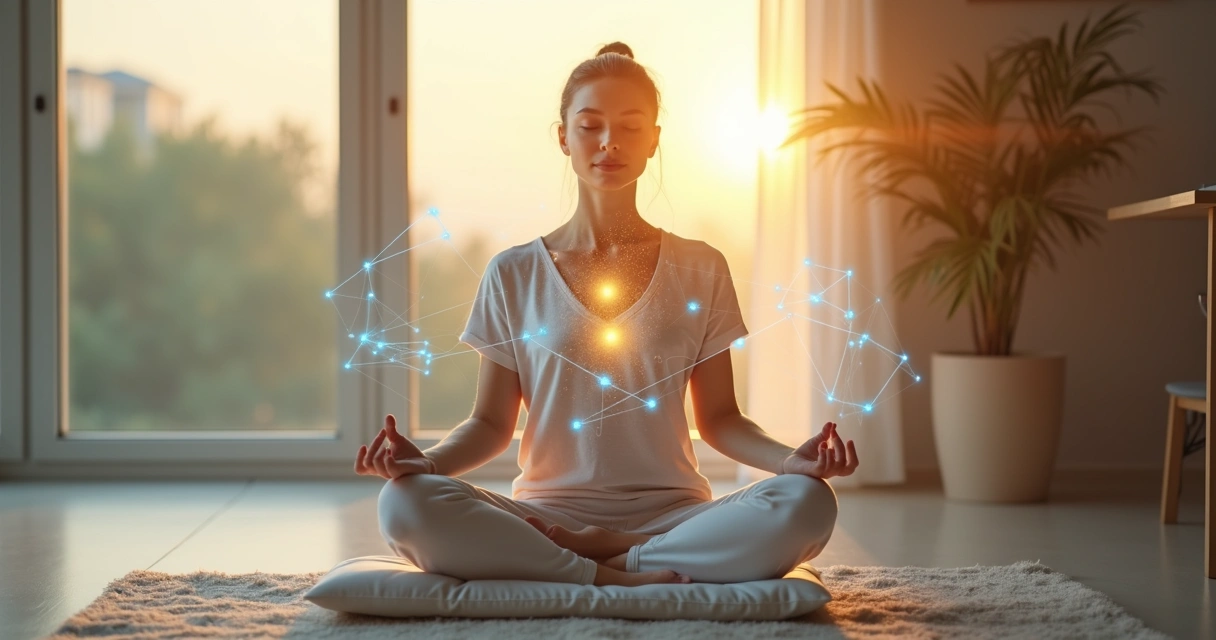 Pessoa em meditação marquesiana com fluxo de energia e conexões sistêmicas ao redor 