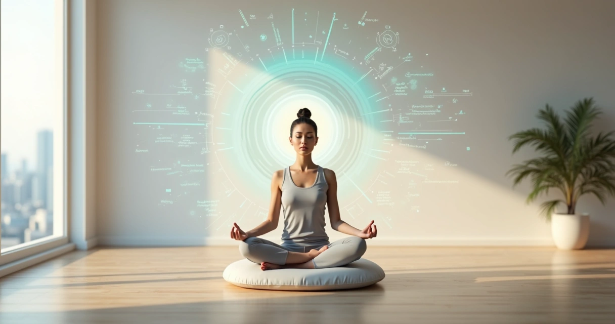 Pessoa em meditação em ambiente moderno com camadas de energia e símbolos integrados 