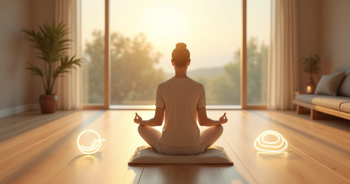 Pessoa sentada em meditação em sala minimalista com quatro ícones sutis representando práticas diferentes ao redor 