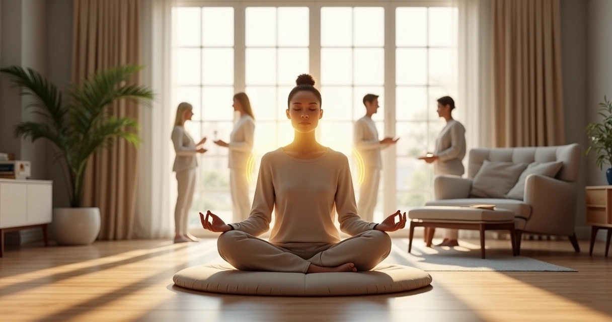 Pessoa meditando em ambiente moderno com conexões humanas ao fundo 