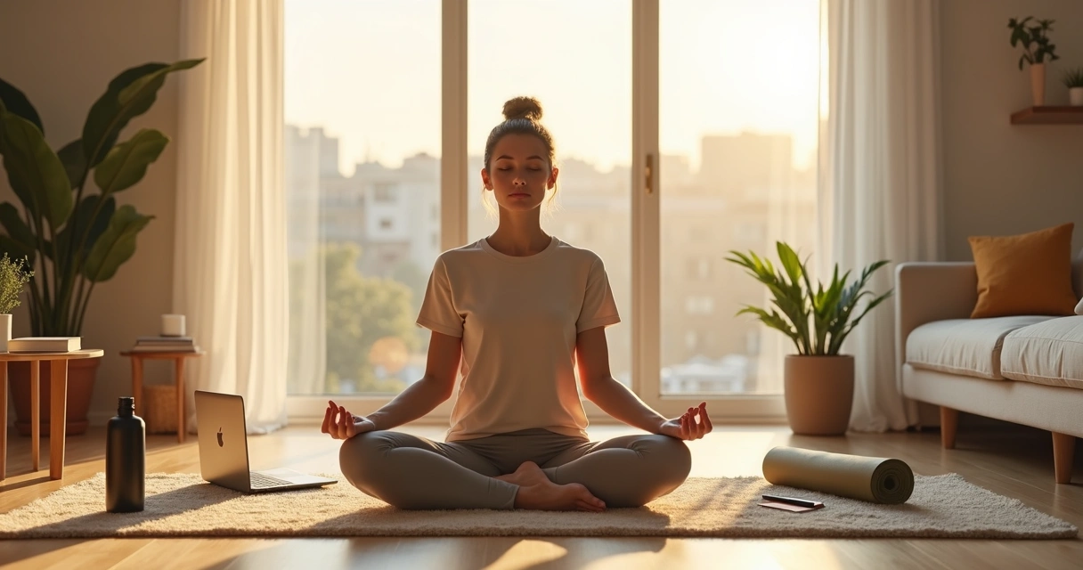 Pessoa meditando na sala com elementos sutis de rotina moderna ao redor 