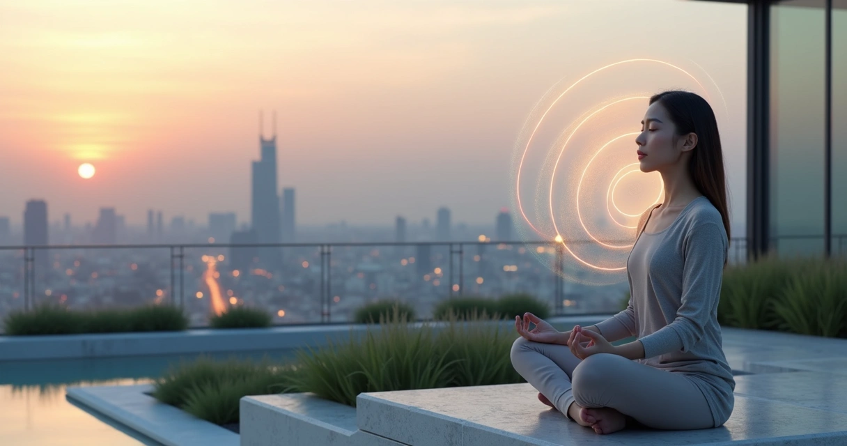 Pessoa meditando em cidade futurista com energia luminosa ao redor da mente 