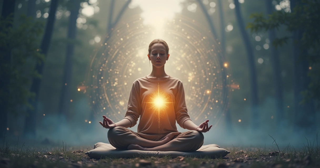 Pessoa em meditação profunda com luz no peito simbolizando conexão com o self 