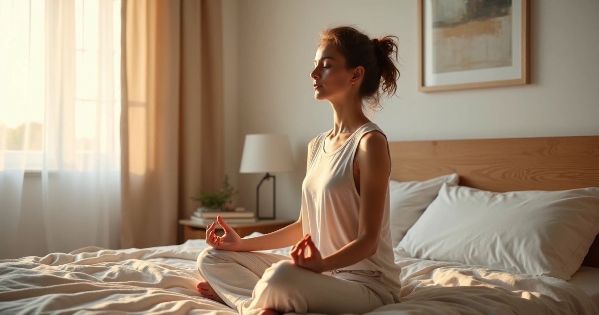 Mulher sentada na cama meditando ao amanhecer com expressão serena 