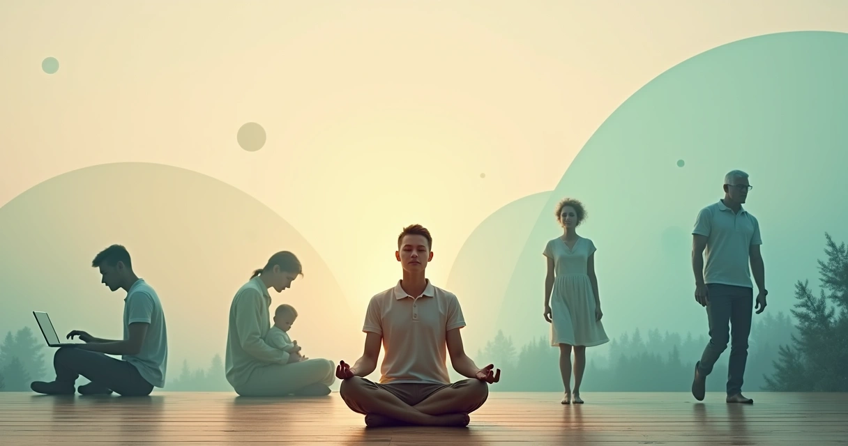 Adulto meditando ao longo de uma linha do tempo das fases da vida adulta 