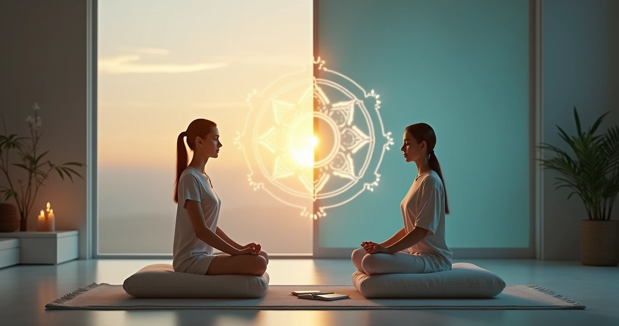 Comparação visual entre meditação marquesiana e meditação tradicional em um cenário dividido 