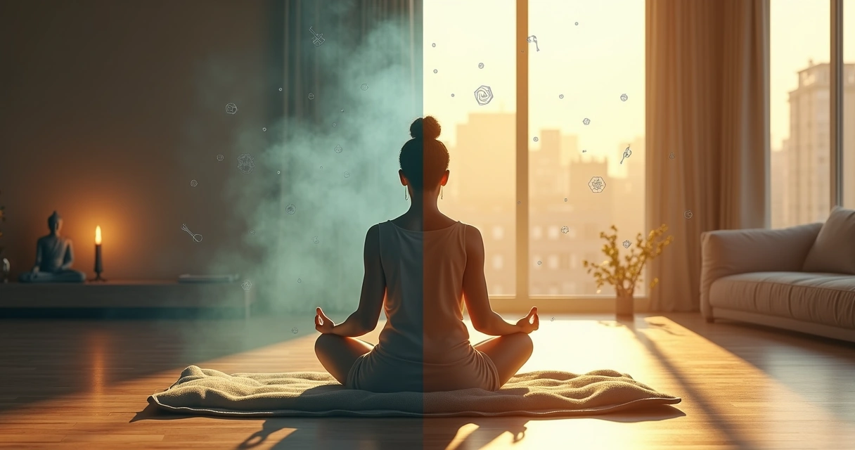 Pessoa meditando em posição de lótus entre dois estilos de meditação, tradicional e contemporânea 