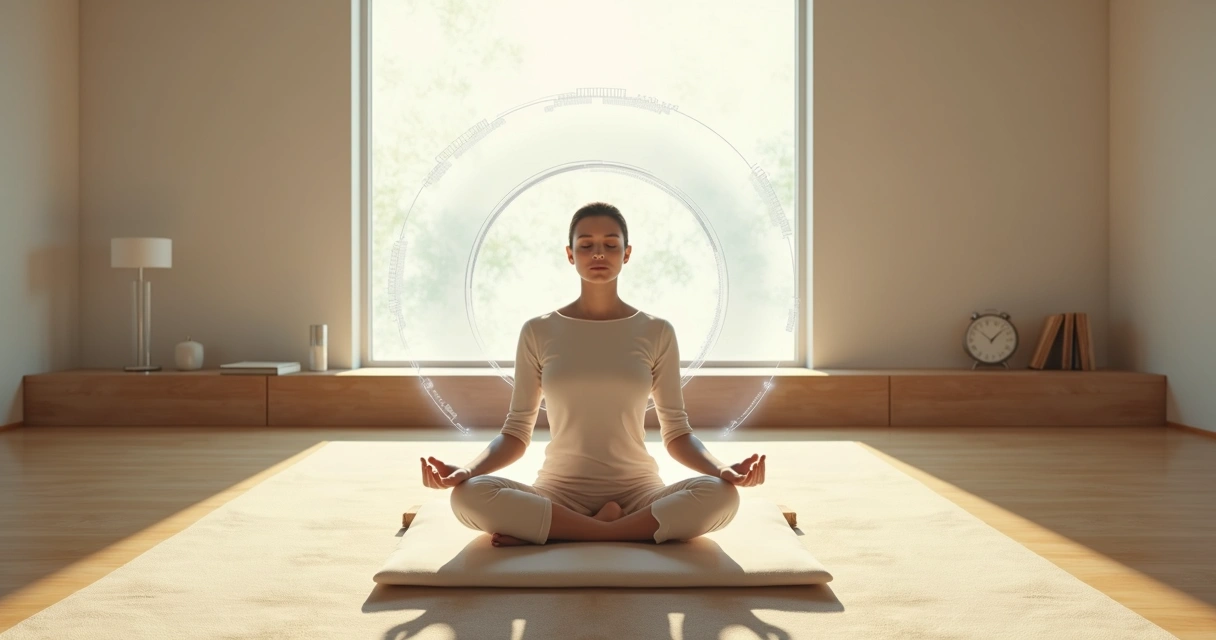 Pessoa em meditação com camadas translúcidas da mente projetadas ao redor 