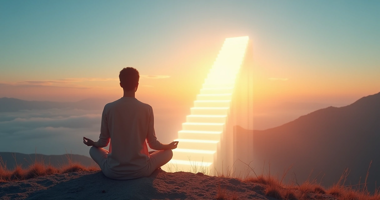 Pessoa meditando em pé diante de escada luminosa representando níveis de consciência 