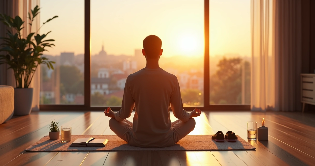 Pessoa sentada em posição de meditação diante de janela com luz suave ao amanhecer 