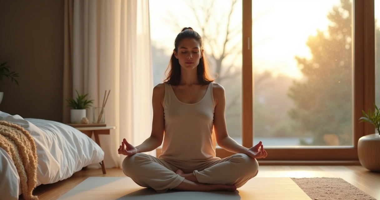 Mulher sentada em meditação pela manhã respirando profundamente perto da janela 