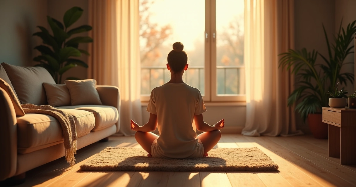 Pessoa sentada em posição de meditação em um sofá, luz suave da manhã pela janela, ambiente tranquilo e acolhedor 