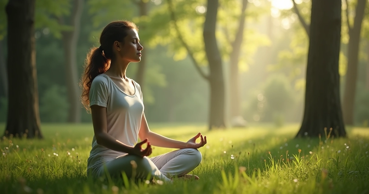 Pessoa meditando em um ambiente natural, com expressão tranquila, rodeada por elementos naturais como árvores e luz suave 