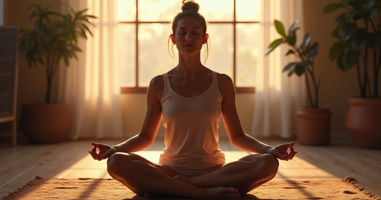 Pessoa meditando sentada em ambiente sereno, luz suave ao entardecer 