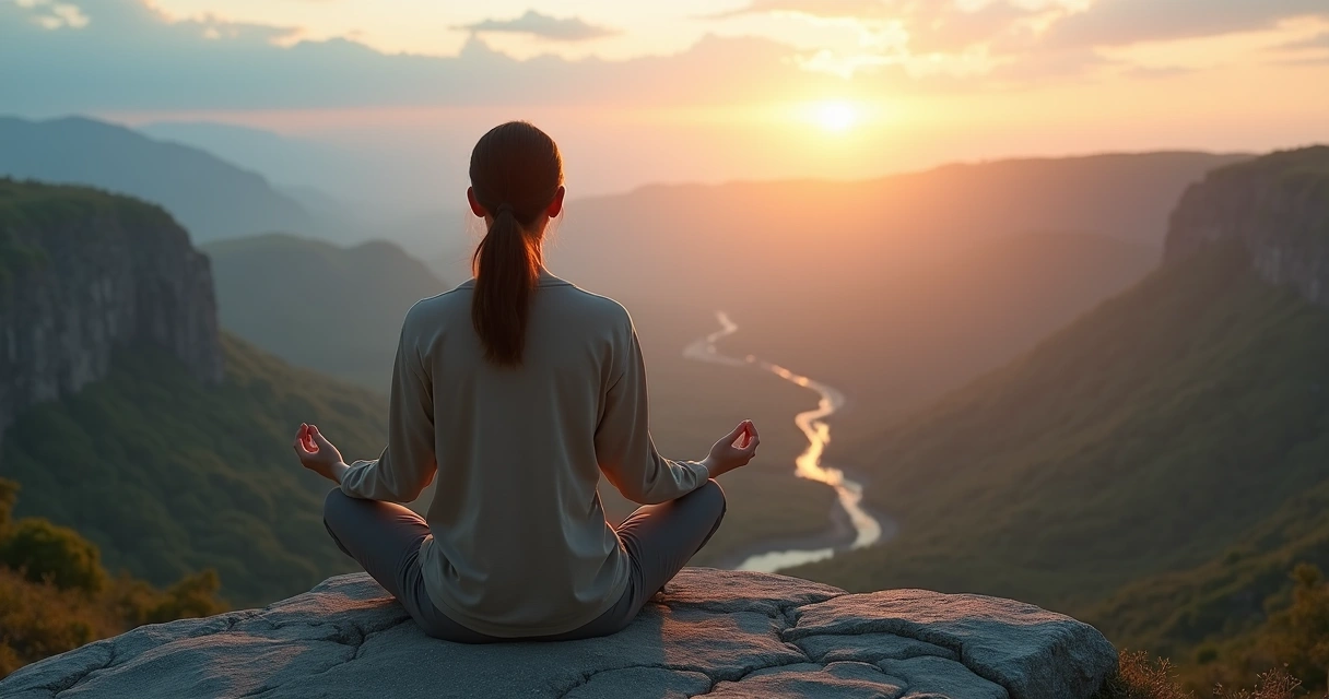 Pessoa meditando à beira de um penhasco diante de estrada sinuosa que simboliza mudanças 