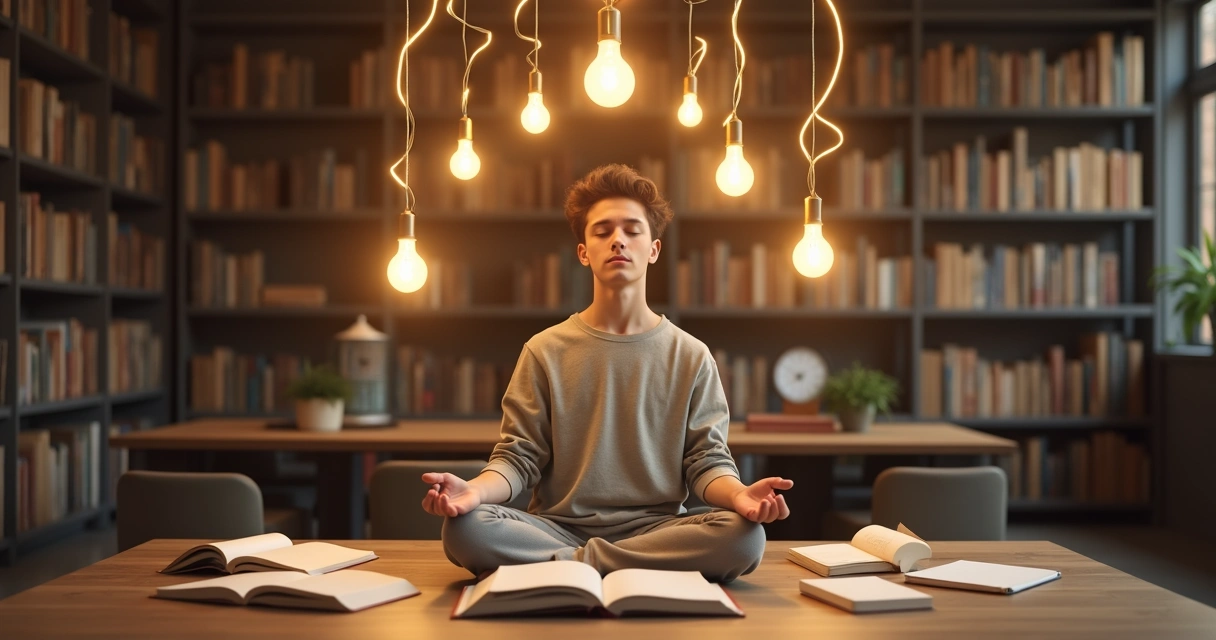 Pessoa meditando em biblioteca com trilha luminosa conectando livros a lâmpadas acesas 