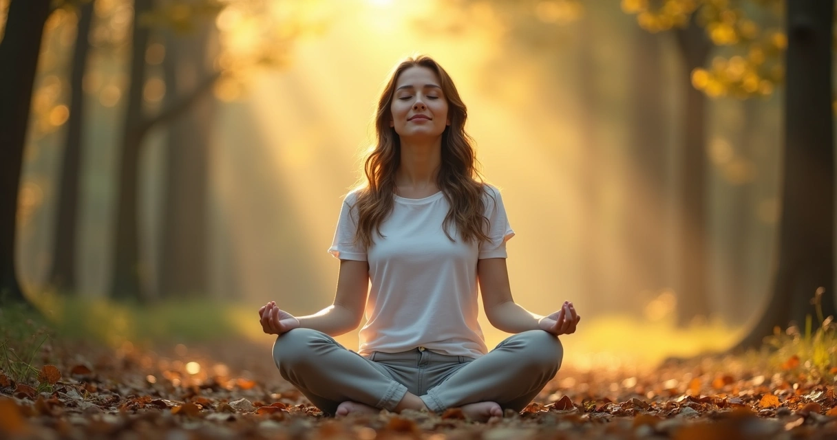 Pessoa em postura de meditação em ambiente natural com luz suave ao fundo 