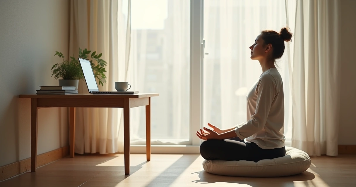 Pessoa meditando ao lado de uma mesa de trabalho organizada