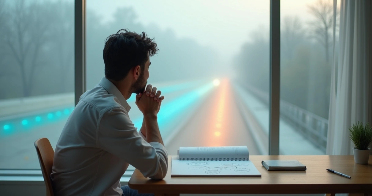 Pessoa refletindo diante de múltiplos caminhos em cenário calmo e minimalista 