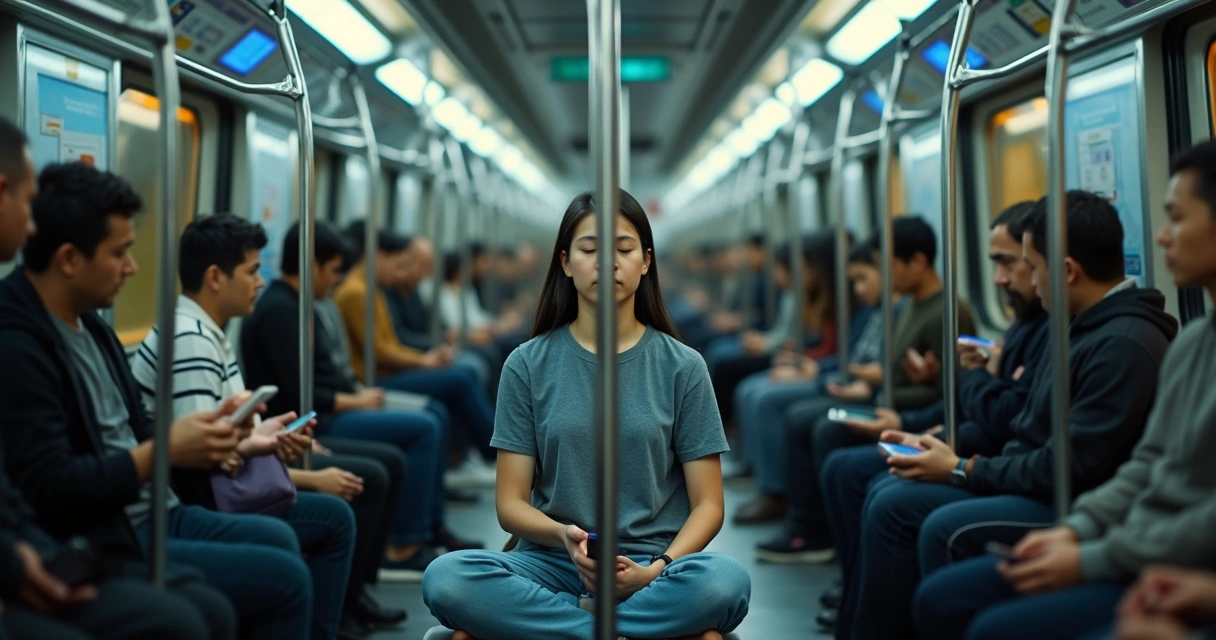 Pessoa meditando em um vagão de metrô lotado e barulhento 