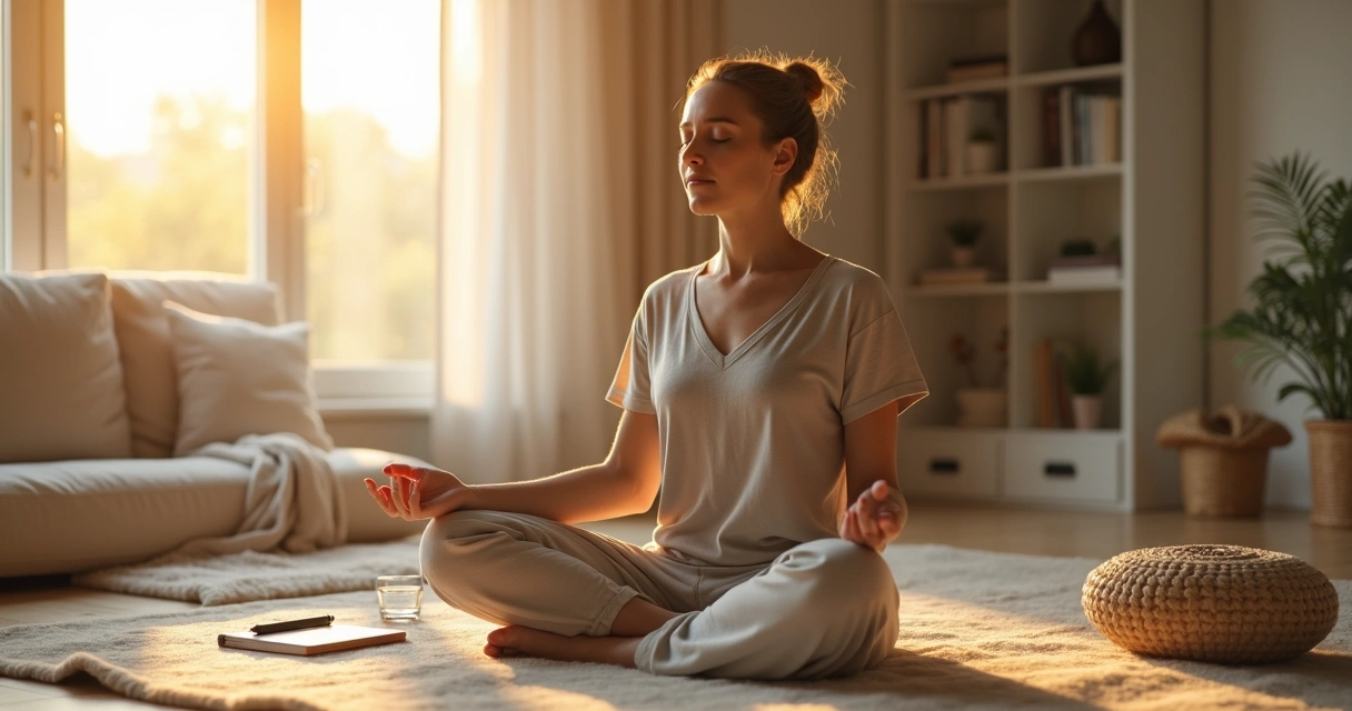 Pessoa sentada em meditação em casa com pequenos símbolos de micro-hábitos ao redor 