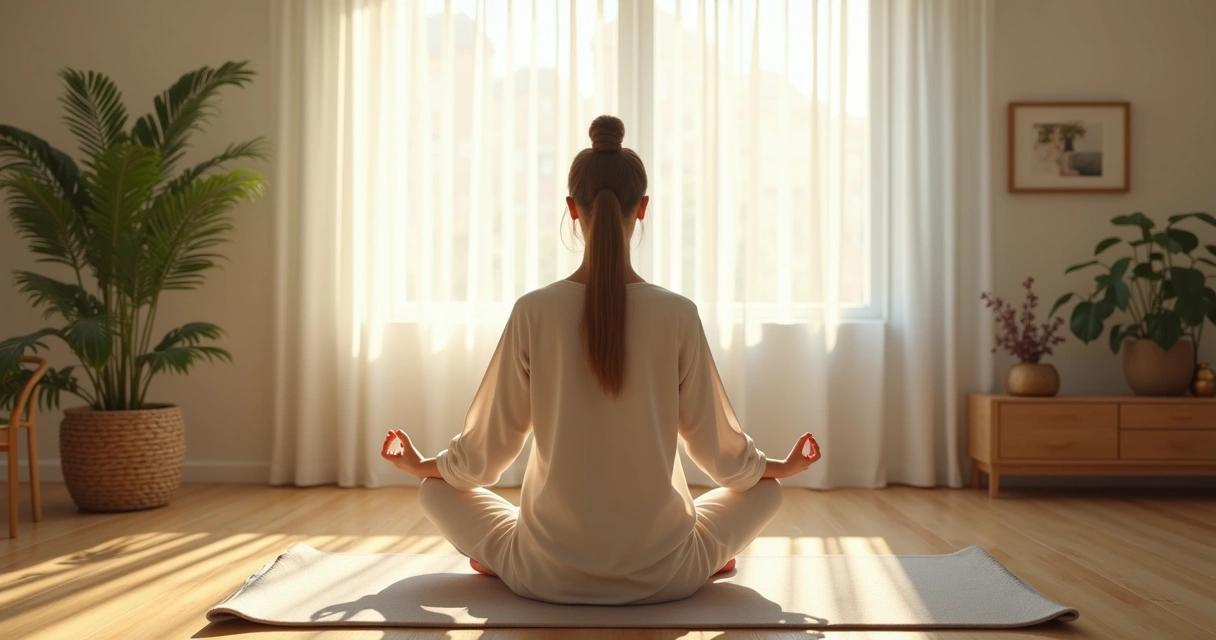 Pessoa sentada na posição de meditação em ambiente calmo, com luz suave 