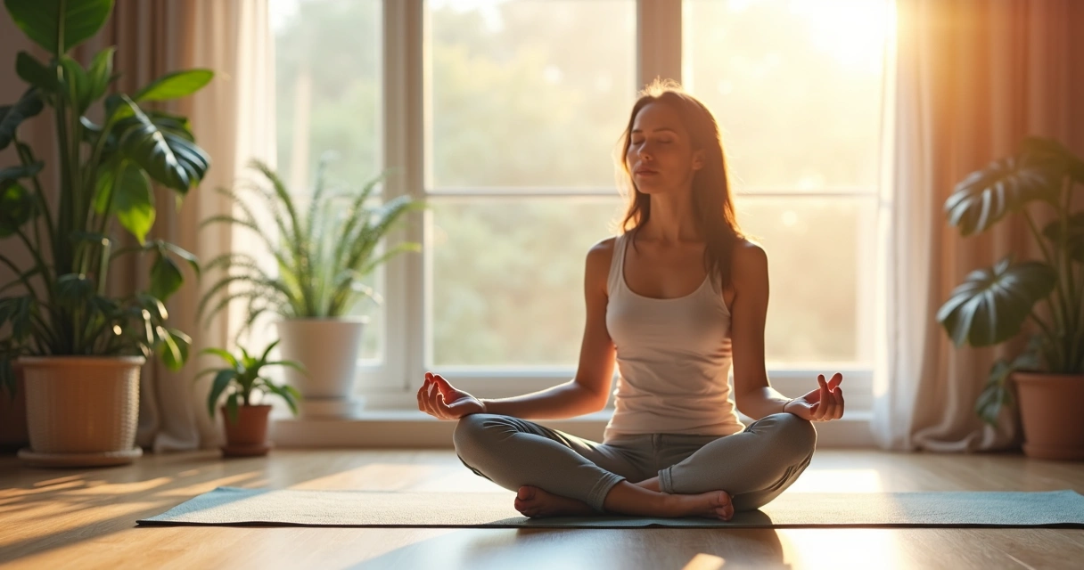 Pessoa sentada de pernas cruzadas, olhos fechados, praticando mindfulness em ambiente calmo 