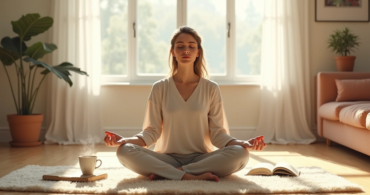 Pessoa sentada em ambiente tranquilo, praticando meditação mindfulness, com xícara de café e livro ao lado 
