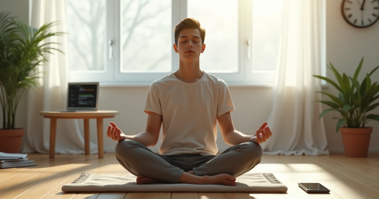 Pessoa iniciando meditação mindfulness rodeada por distrações sutis 