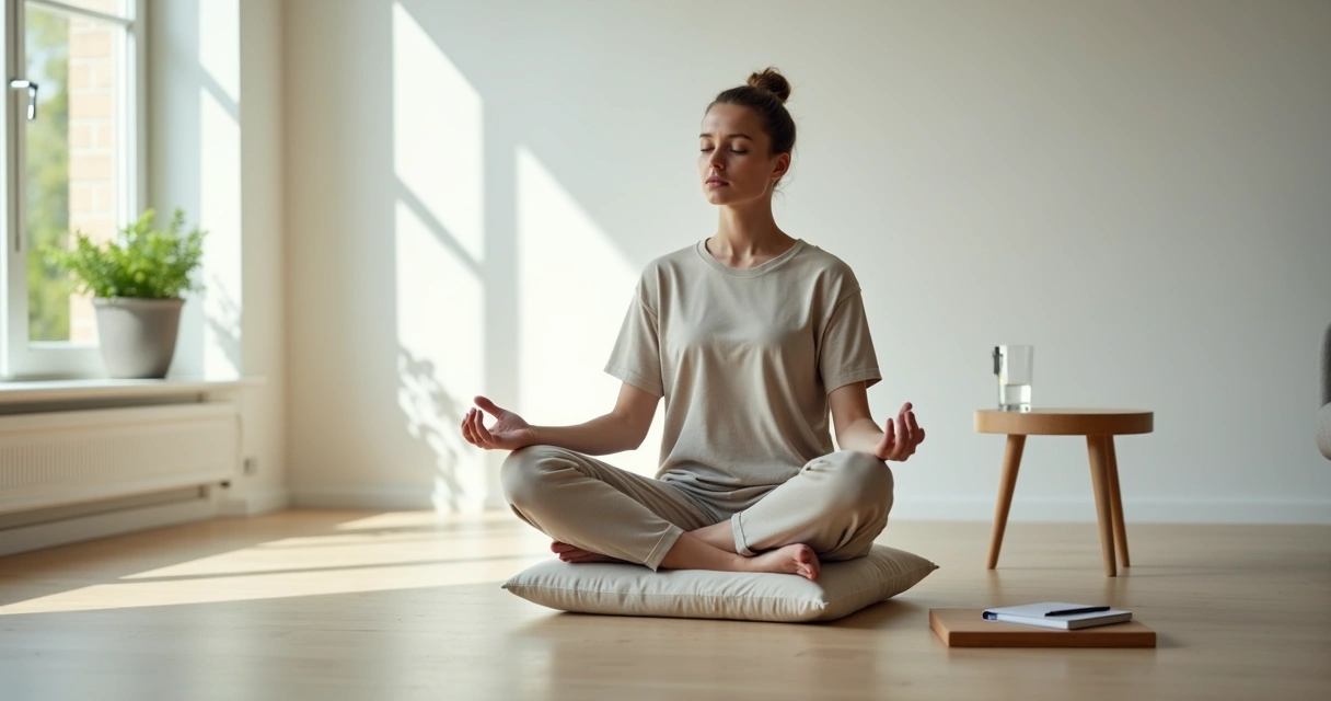 Pessoa sentada em postura de meditação em sala clara e minimalista 