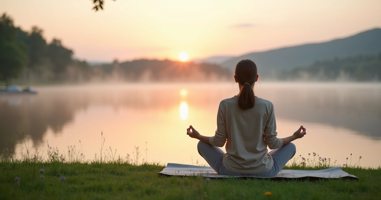 Pessoa meditando em posição de lótus em cenário natural iluminado pelo sol 