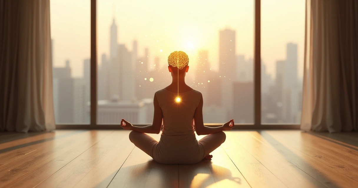 Pessoa meditando com cérebro iluminado e cidade ao fundo desfocada 