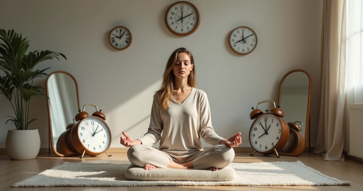 Pessoa meditanto em sala calma cercada por relógios derretendo e espelhos rachados 