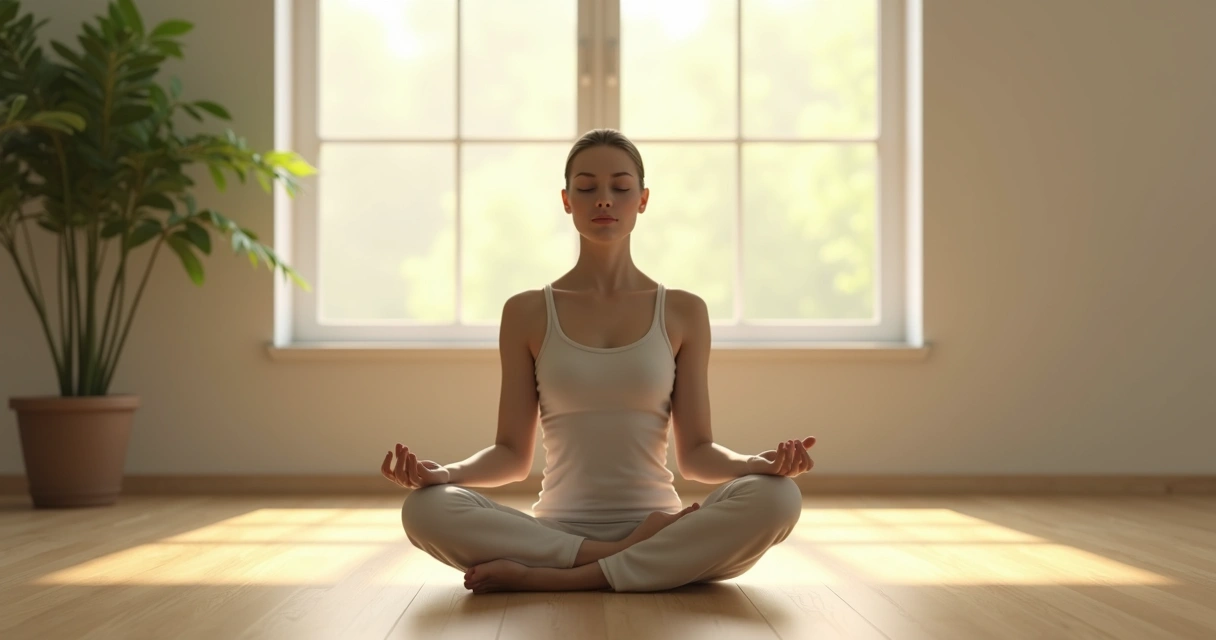 Pessoa meditando sentada de olhos fechados, ambiente tranquilo e luz natural. 