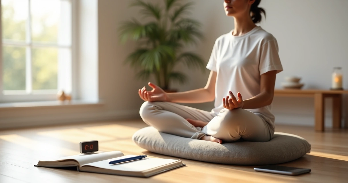 Pessoa meditando com caderno de anotações ao lado 