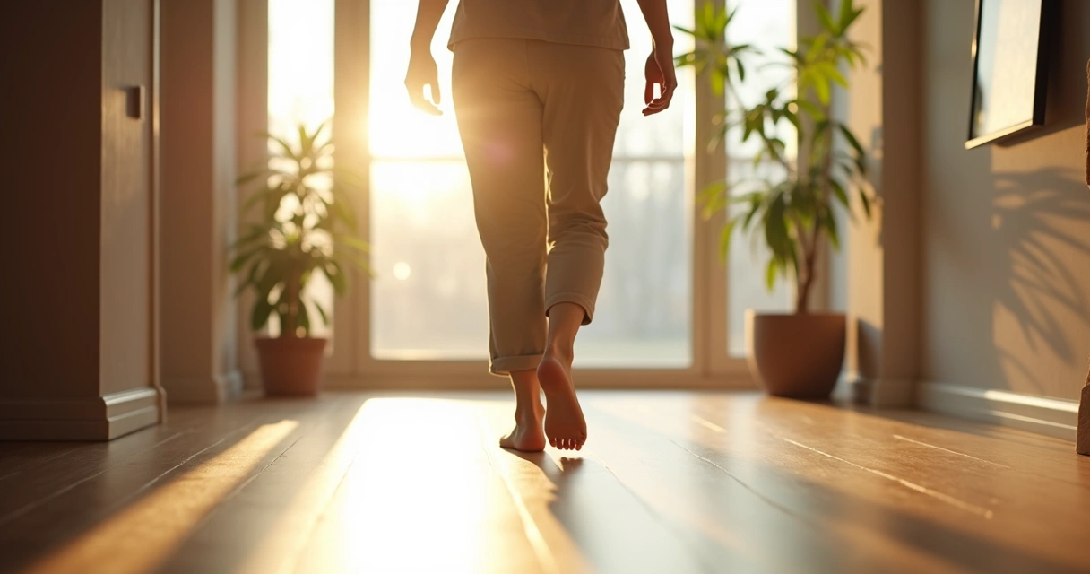 Pessoa caminhando devagar em sala iluminada, atenção nos movimentos do corpo 