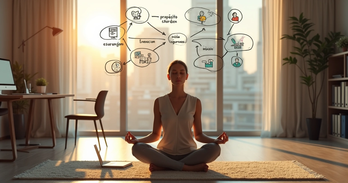 Profissional sentado em meditação no escritório diante de quadro com opções de carreira 
