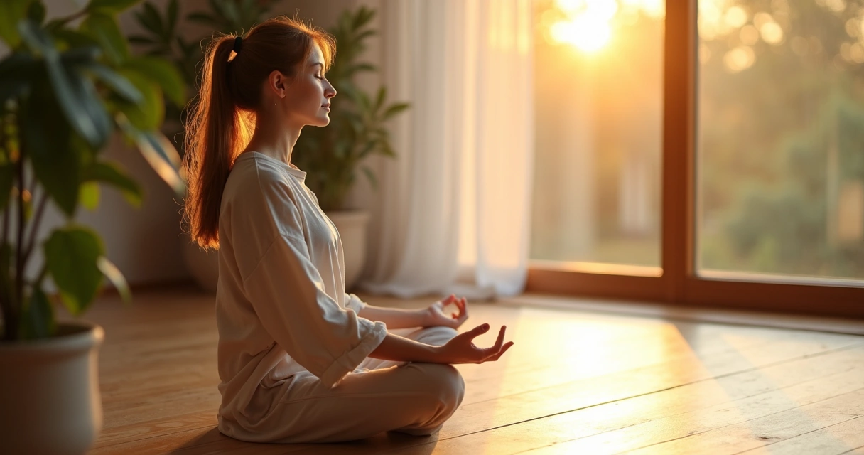 Pessoa sentada em postura de meditação em ambiente tranquilo, luz suave, elementos naturais