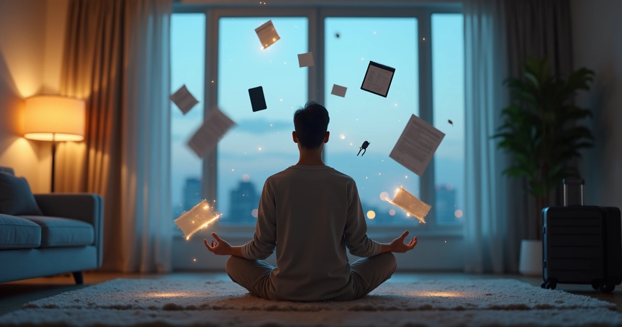 Pessoa meditando em sala enquanto objetos flutuam ao redor representando mudanças inesperadas 