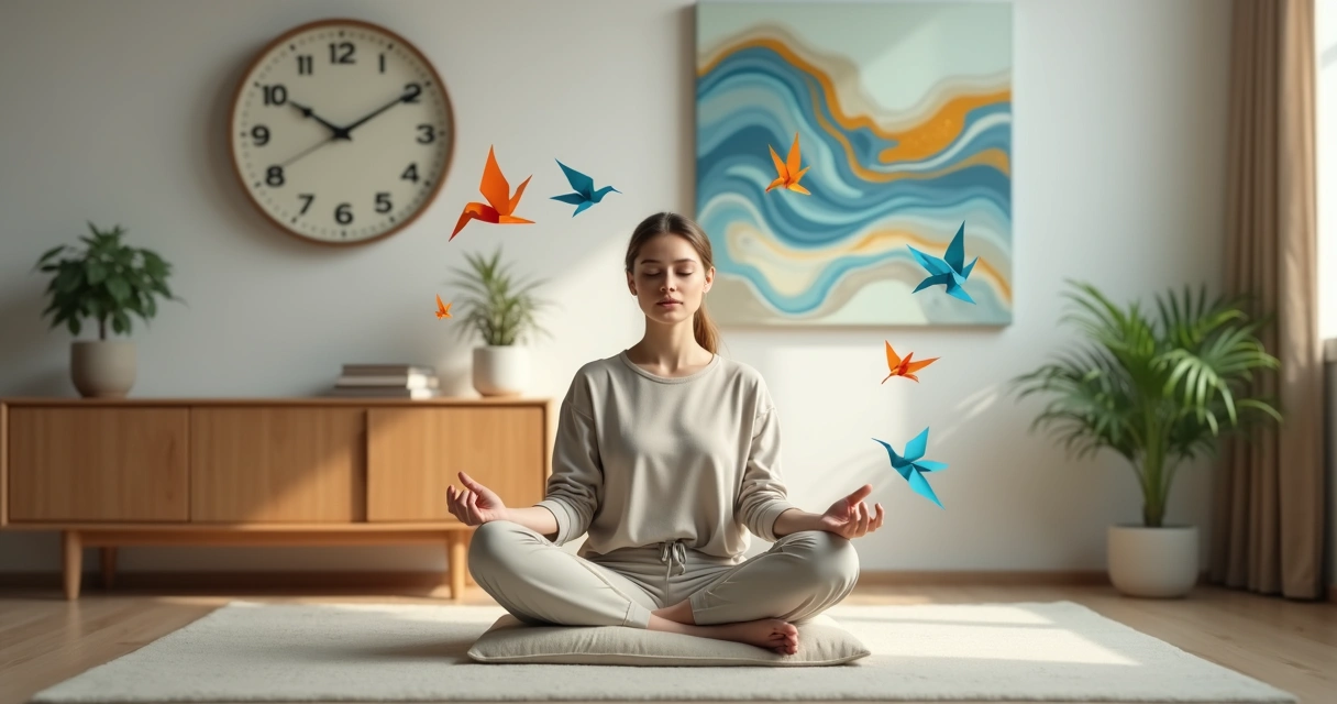 Pessoa meditando em sala com relógio derretendo e origamis em forma de pássaros ao redor 