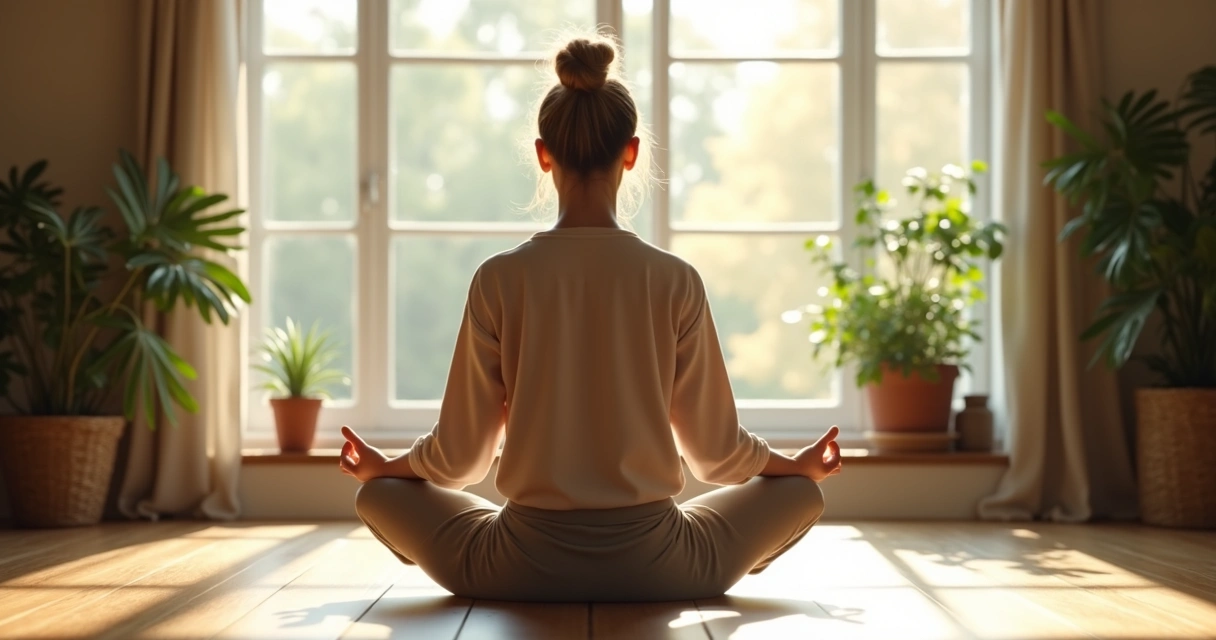 Mulher em posição de meditação sentada em ambiente sereno, olhos fechados, expressão tranquila, luz suave ao redor