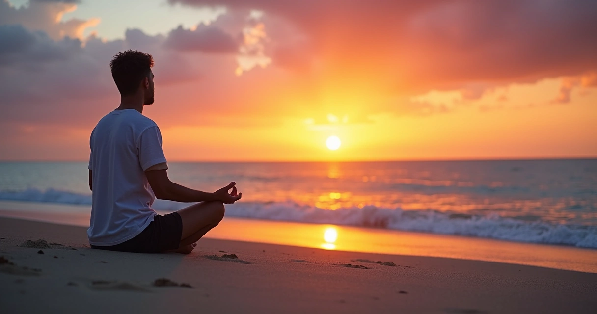 Pessoa meditando sentada na areia ao pôr do sol 