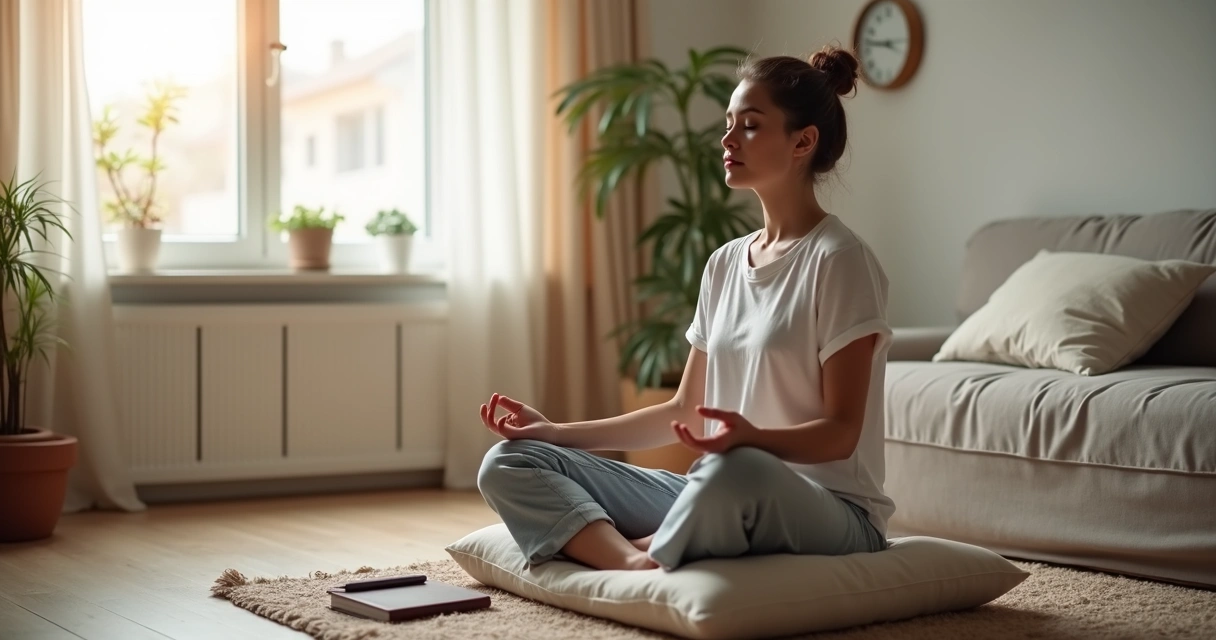 Pessoa meditando em casa antes de começar o dia 