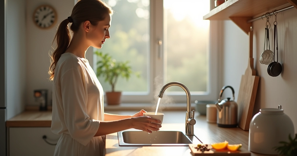 Pessoa integrando atenção meditativa em tarefas domésticas na cozinha. 