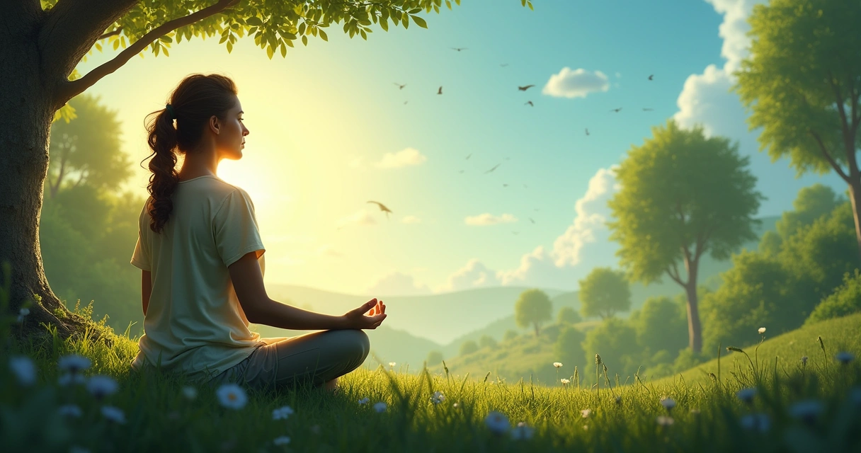 Pessoa meditando em meio à natureza, rodeada por árvores e luz do sol filtrando.