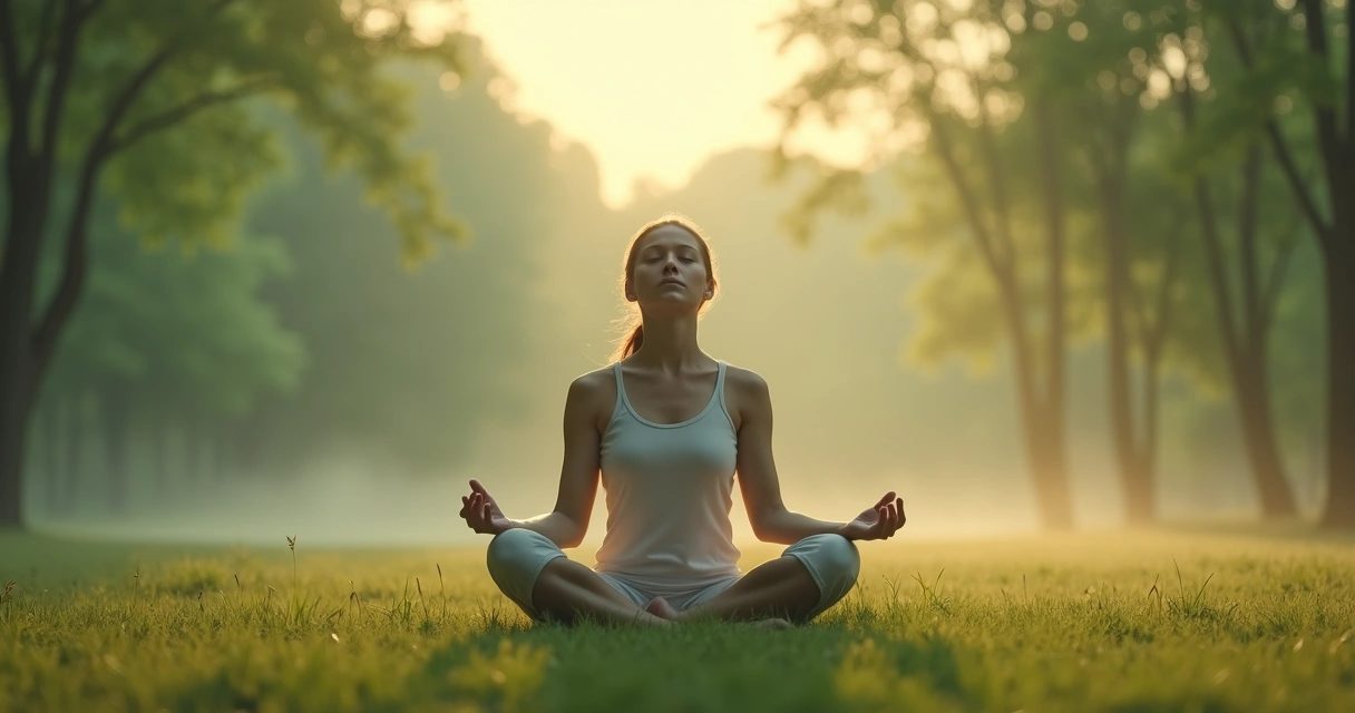 Pessoa sentada em postura de meditação em um campo com árvores ao fundo