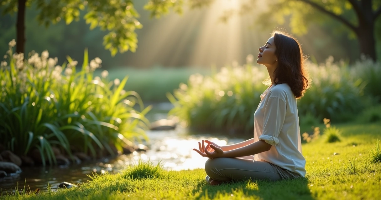 Mulher meditando ao ar livre perto de plantas e riachinho. 