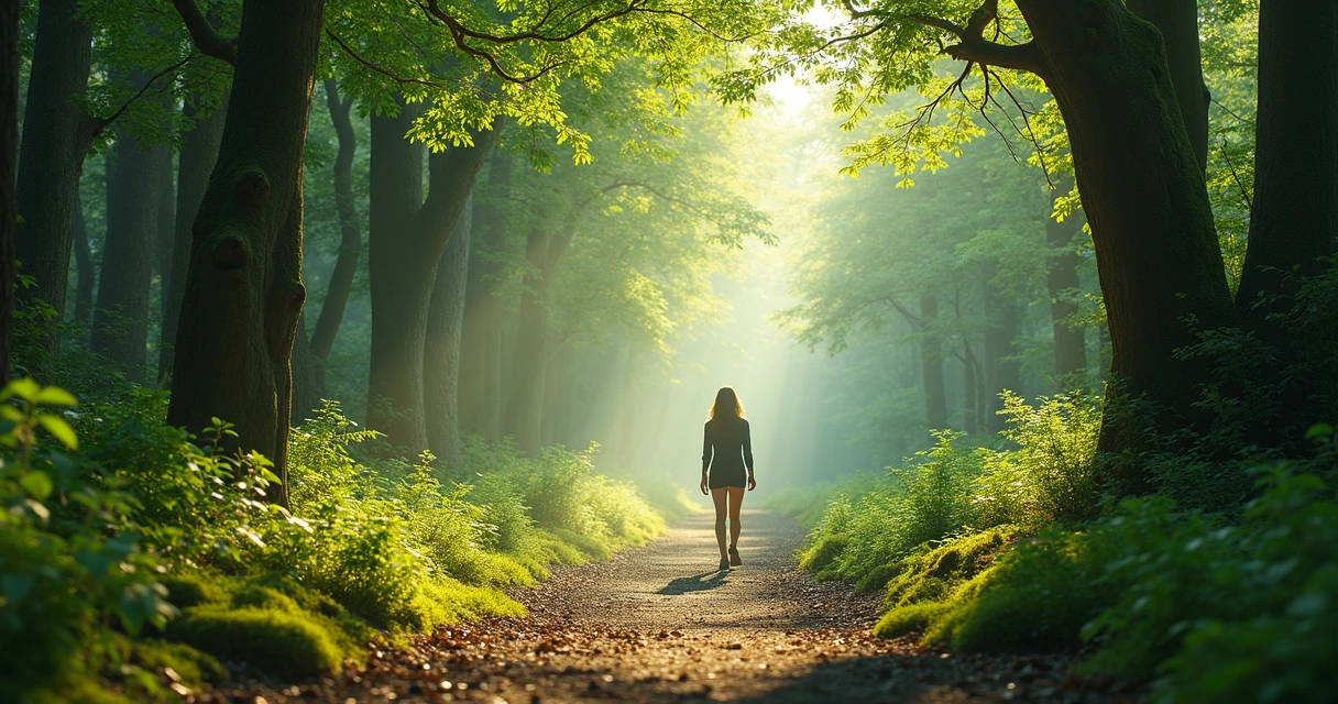 Pessoa caminhando em trilha cercada por árvores e luz suave 