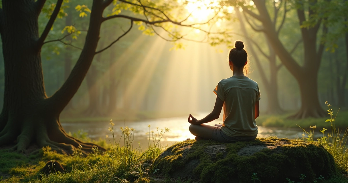 Pessoa meditando em floresta integrada à natureza 